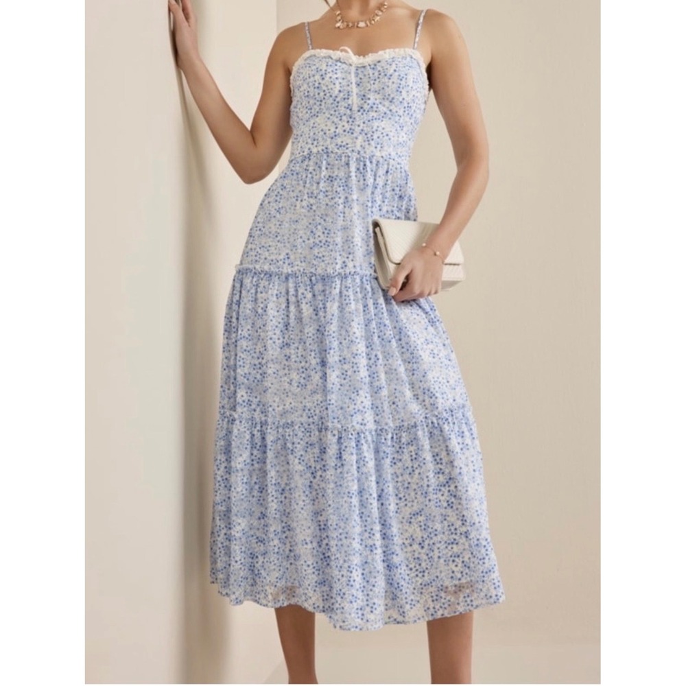 Trixxi Blue White Ditsy Floral Large Tiered Spaghetti Strap Dress Cottagecore